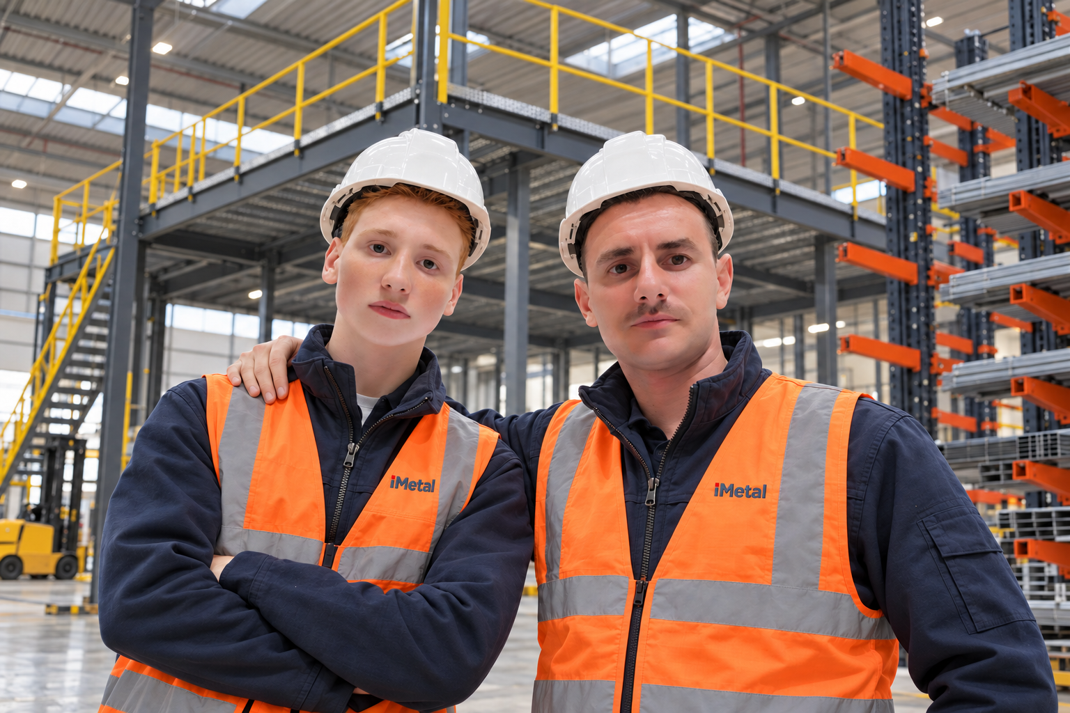 Tată și fiu din echipa iMetal în echipament de protecție, într-un depozit cu mezanin și rafturi cantilever